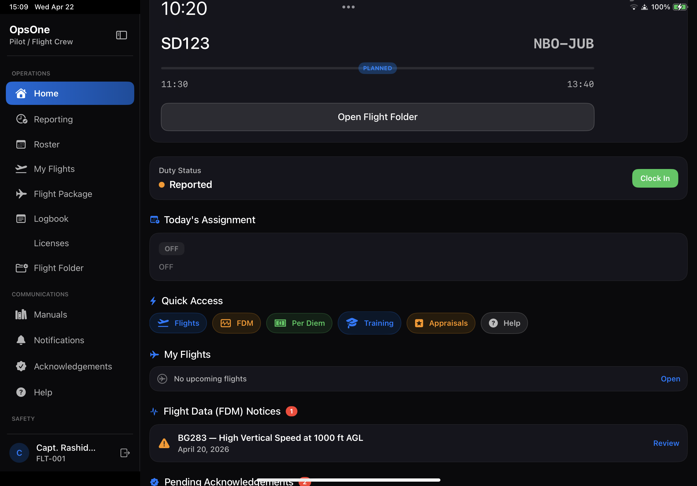 OpsOne CrewAssist on iPad — pilot home view