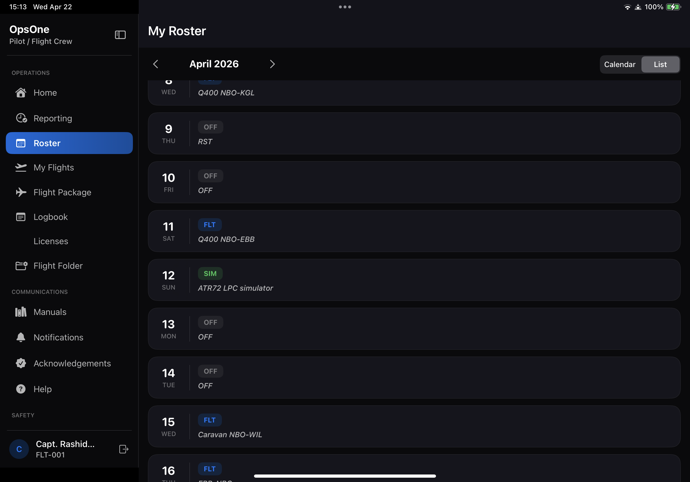 My Roster on iPad — monthly view